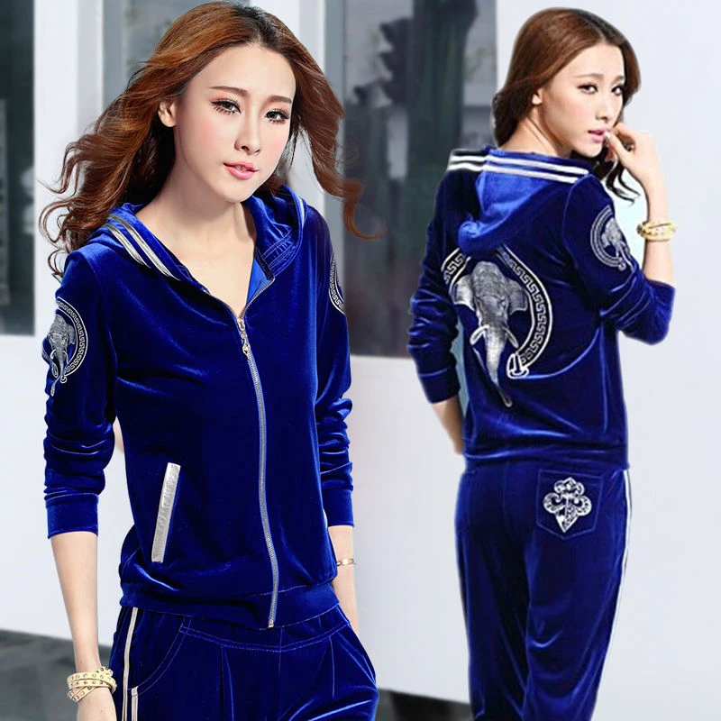 Korean Print Velvet Tracksuit 2 Piece Set Women Outfit Casual Hoodie