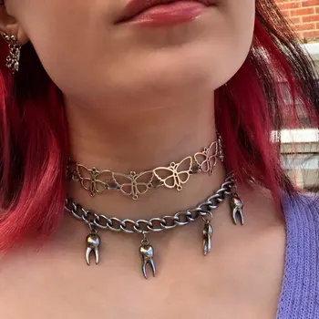 

New ins Hip-hop Metal Butterfly Pendant Necklace Teeth Clavicle Chain Necklaces Choker For Women Fashion Jewelry