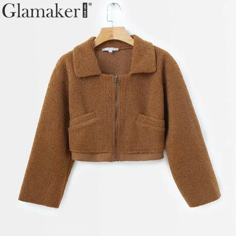 Glamaker длинный рукав плюшевое пальто Зимняя женская верхняя одежда короткая куртка из искусственного меха Женская Шуба на молнии Уютная теплая русская шуба