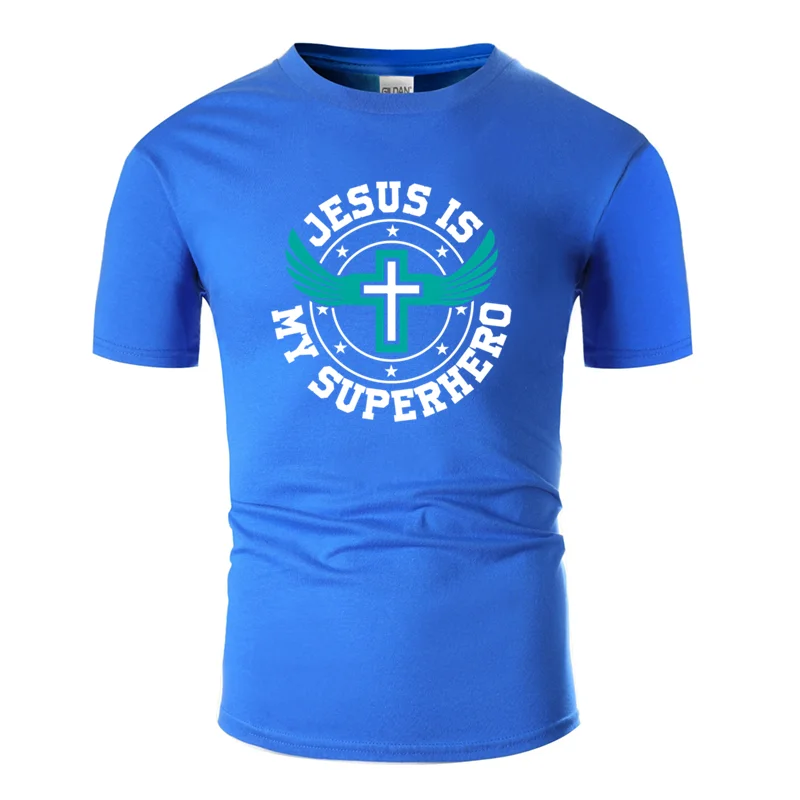 Men-Blue Забавная футболка с принтом «jesus is my superhero», «god faith believer», Подарочная футболка,, Sunlight, футболка, Юмористическая, известная, большой размер S~ 5xl - Цвет: Men-Blue