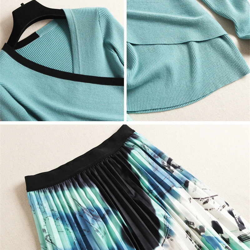 Модный дизайнерский осенне-зимний комплект с юбкой из 2 частей, Женский вязаный свитер с длинным рукавом и v-образным вырезом, топ и плиссированная юбка с принтом, комплекты