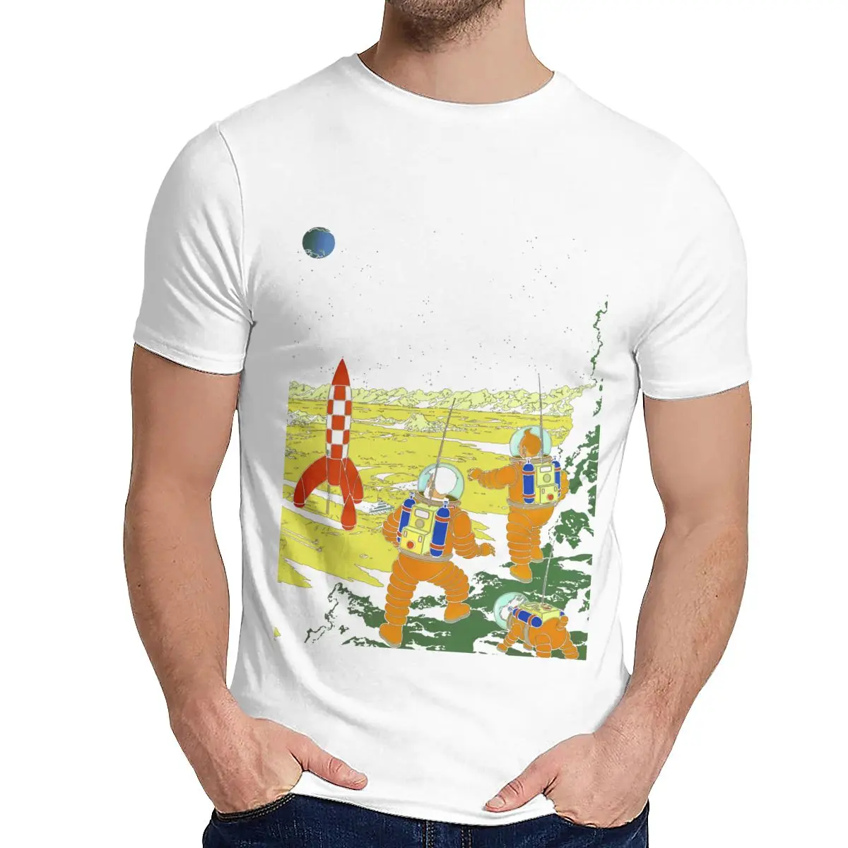 Летняя мужская футболка Tintin Adventurers On The Moon Slim Новое поступление футболка с круглым вырезом в стиле хип-хоп - Цвет: Белый