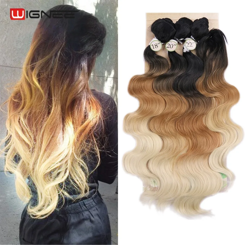 Wignee 3 Bundles With Closure Synthetic Hair Extensions For Women Natural Black Hair To Grey/Purple/Green/Blue Wavy Piece