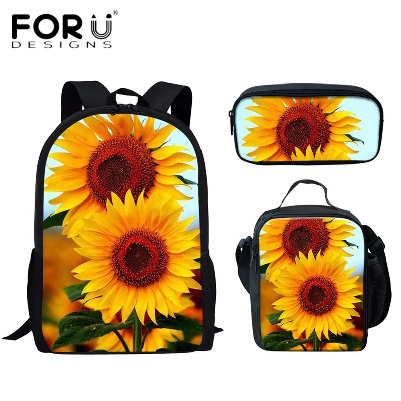 

FORUDESIGNS Sunflower Print 3D School Bags Set Kids Girls Casual Schoolbags Lunch Case Pencil Bag Children 3pcs Backpack Satchel
