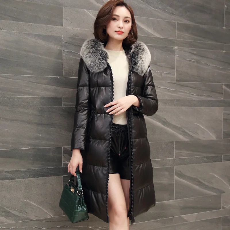 

Genuine Leather Jacket Women Long Winter Down Jacket Hooded Real Fox Fur Collar Korean Sheepskin Coat for Women 7001 KJ2504