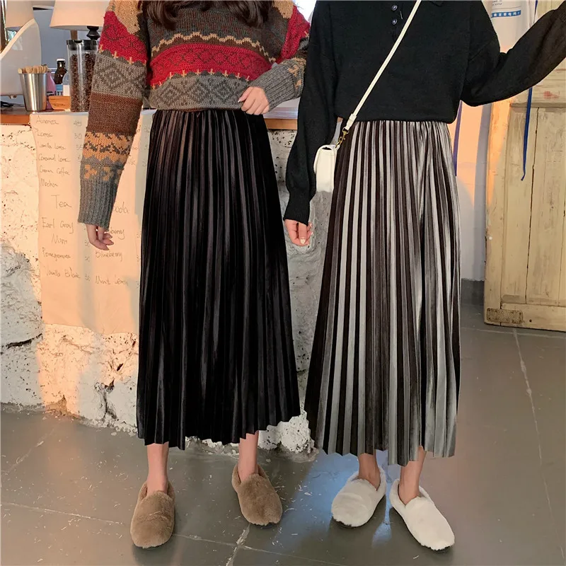 Эластичная Высокая талия Осенняя Женская Falda плисада элегантная Корейская длинная бархатная плиссированная юбка размера плюс женская зимняя юбка Уличная одежда