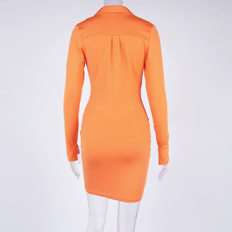 Solid Bodycon Button Shirt Dress Long Sleeve Slim Ruched Women's Casual Turn-Down Collar Sexy Mini Dresses Office Lady Vestidos
