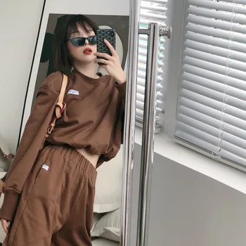 

2020 Autumn Winter Sweat Pant Set Women's Korean Style Loose Slimming Elastic Waist Pants Two-piece Set