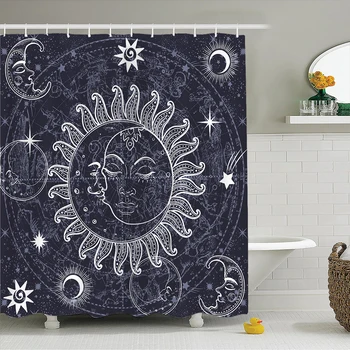 

Shower Curtain, Bathroom Curtains-Dark Blue,Sketch Drawing, Sun, Moon,Star,Astronomical,Lotus Flower,Mandala,Cloth Fabric Decor