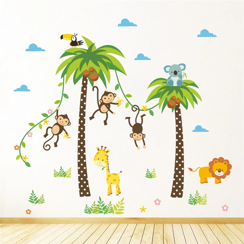 

Monkey Lion Giraffe Coconut Tree Wall Sticker For Kindergarten Kids Room Home Decor Safari Mural Art Diy Cartoon Animal Decal