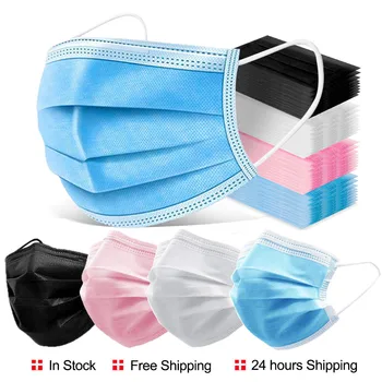 

100 Pcs Disposable Mask Individual Pack Face Mouth Mask Waterproof 3 Layer Plys Breathable Earloops Blue Black Pink White