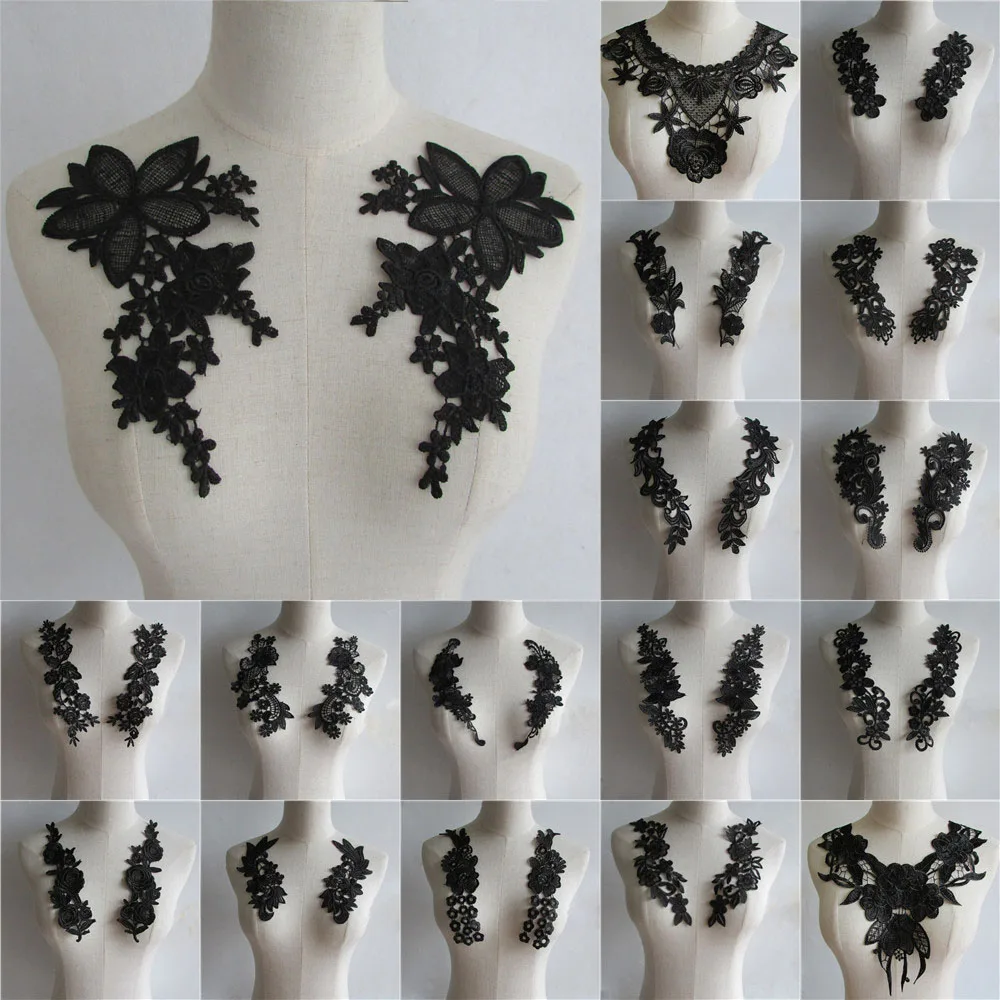 

Fashion Embroidered Lace Collar DIY Sewing Lace Neckline Fabric Decoration Ladies Clothes Applique Black 1 Pair For Sale