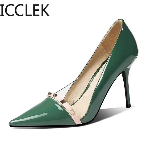 Patent Leather Sexy Heels Shoes Pointed Toe Rivet Super High Heels Green Pumps Women Dress Shoes Stilettos 2020 New Fashion 6