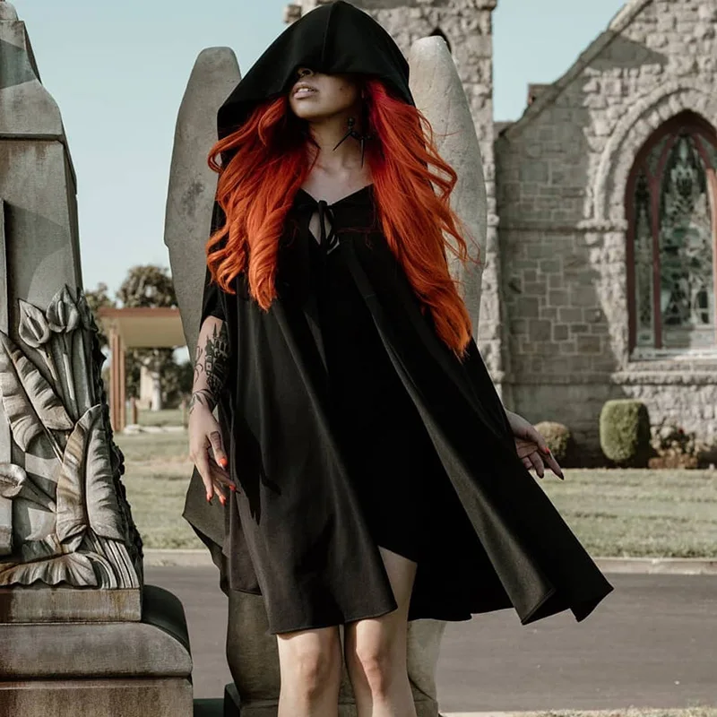 Women Girls Cosplay Cloak Solid Color Hooded Tied Sleeveless Slit Mantle Cape for Halloween Party Role-Play |