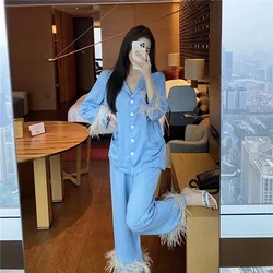 LuLu Light Blue Turn-down Collar Long Sleeve Shirt +feather Full Pants Pajamas Set Women Spring Autumn Suit Black White 0303