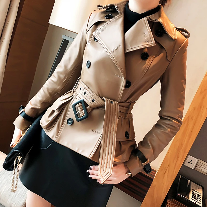 Women Genuine Leather Jacket Female Winter Double Breasted Classic Belt Short Trench Coat Mujer Beige/Black Moto Windbreaker