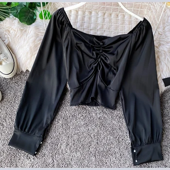 

2020 Spring Womens Blouse Shirts Satin Soft Flods Short Square Collar Sexy Fashion Chic Lady Solid Colour Blouse Shirt Crop tops