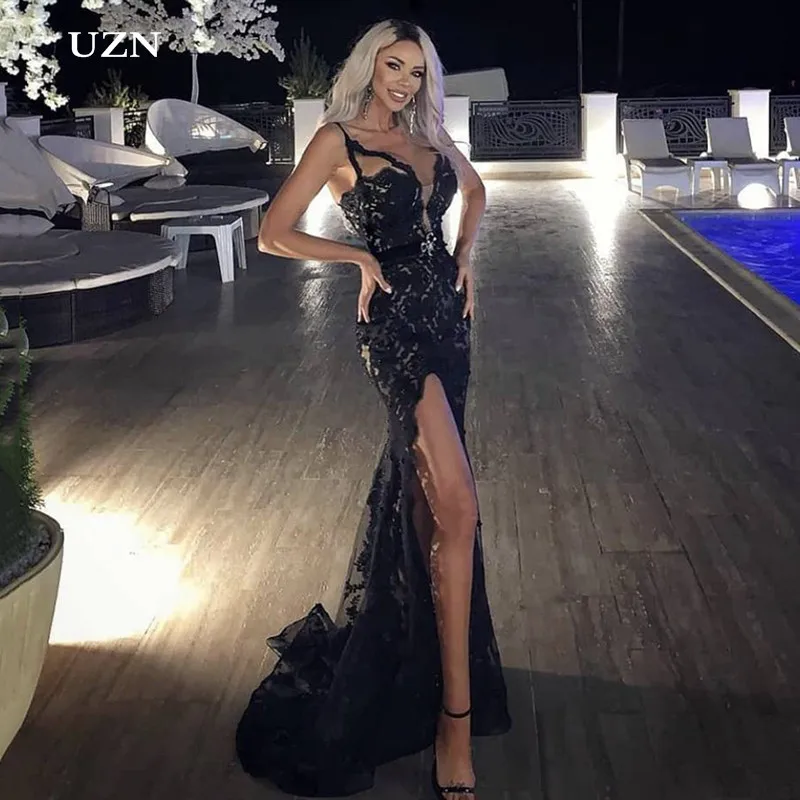

UZN Sexy Spaghetti Strap Mermaid Formal Evening Dresses V Neck Side Split Longo Prom Party Gowns Backless Robe De Soiree 2020