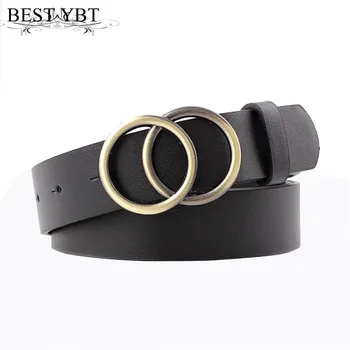 

Best YBT Designer's Famous Brand Leather High Quality Belt Fashion Alloy Double Ring Circle Buckle Girl Jeans Dress Wild Belts
