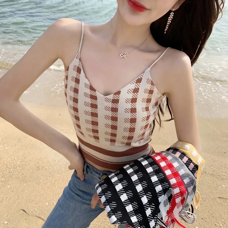 

Women Mini Crop Tops Female Slim-fit Knit Camis Plaid Camisole Fashion Classic Ladies Short Style Vest Sexy Camisole Clothes Hot