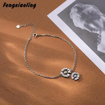

Fengxiaoling 100% Genuine 925 Sterling Silver Retro Style Daisy Anklets For Women Chrysanthemum Flowers Fine Jewelry Anklets
