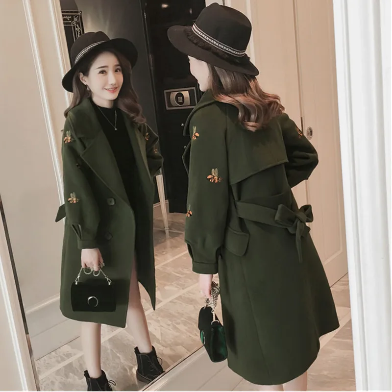 ArmyGreen YAGENZ шерстяное пальто женское длинное пальто двубортное маленькое пчелиное вышитое толстое шерстяное пальто куртка осеннее элегантное пальто 508 - Цвет: ArmyGreen