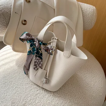 

Bucket Tote Bag for Women 2020 Silk Scarf Large Capacity Solid Handbags Female Brand Luxury Designer one-shoulder Messenger Bag