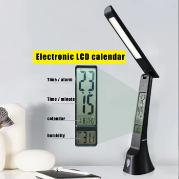 

LED Desk Lamp Rechargeable USB Folding Table Lamp with Clock Thermometer Touch Control Calendar for Office Study JDH99