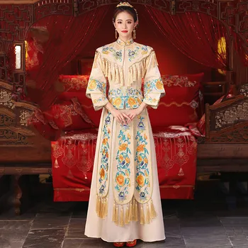 

Champange Luxury Mandarin Collar Cheongsam For Women Long Wedding Dress Phoenix Embroidery Costume Chinese Traditional Qipao