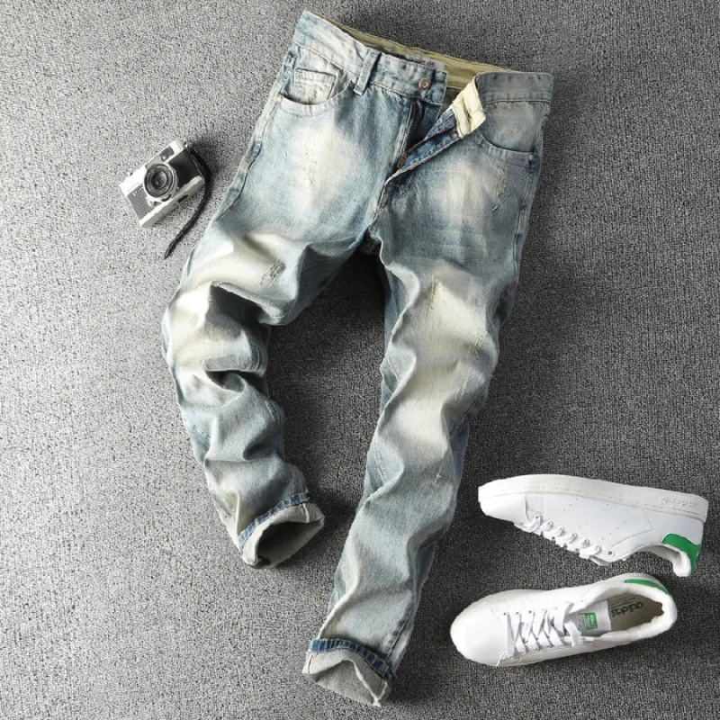

Light Color Elasticity Jeans Men's Slim Fit Tattered Pants Medium Waist Washing Faded Electric Pattern Pants [QQ Group: 58411717