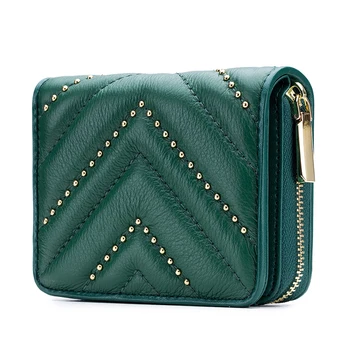 

10PCS / LOT Fashion Rivet Genuine Leather Short Small Wallet Women Real Leather Card Holder Wallet Purse Zipper Case Card Bag