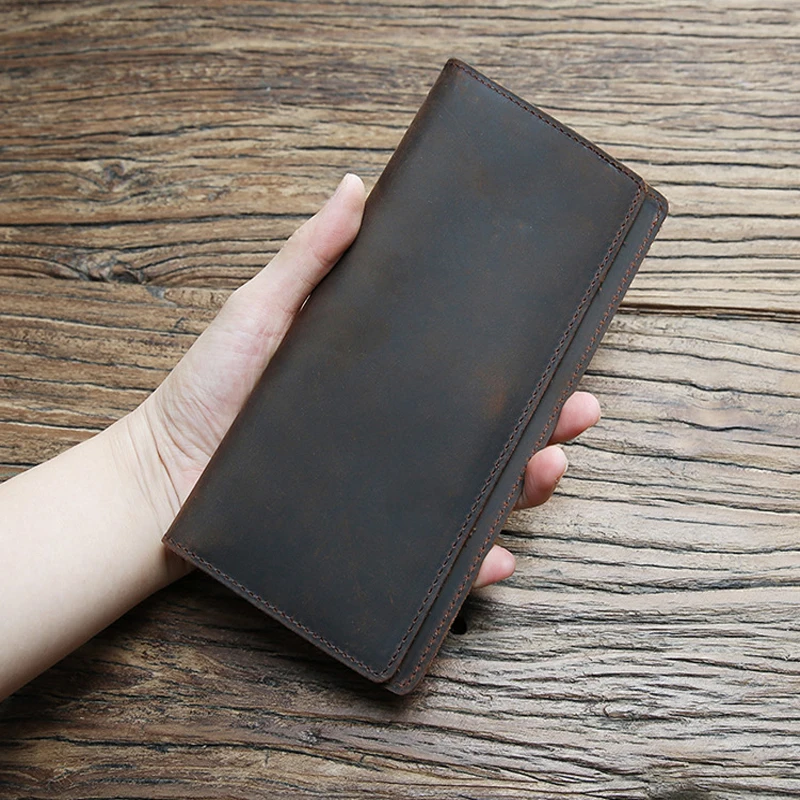 Thin Simple Money Clip for Men Crazy Horse Genuine Leather Holders for Checkbooks Vintage Leather Long Wallets Slim Billfold