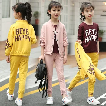

Girls 2019 Spring New Fashion Girls Sports Suit Girls Korean Long-sleeved Casual Sun Flower Three-piece