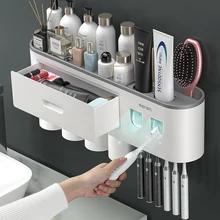 

NEW TY Magnetic Adsorption Inverted Toothbrush Holder Double Automatic Toothpaste Squeezer Dispenser Storage Rack Bathroom