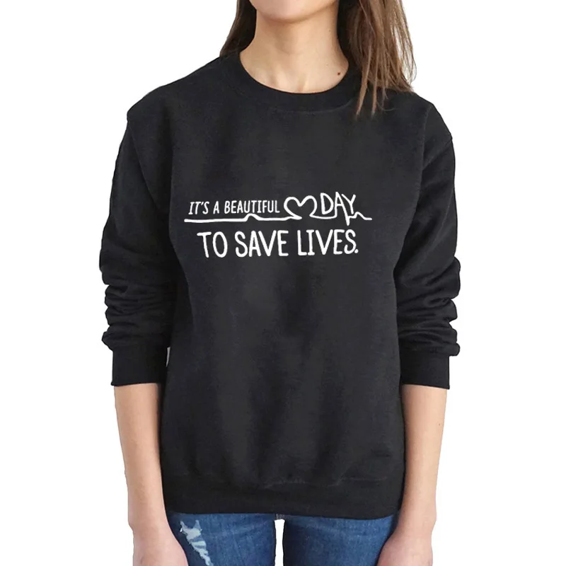 Women Letter Print Crewneck Hoodies Long Sleeve Fleece Warm Its A Beautiful Day To Save Lives Sweatshirt | Женская одежда