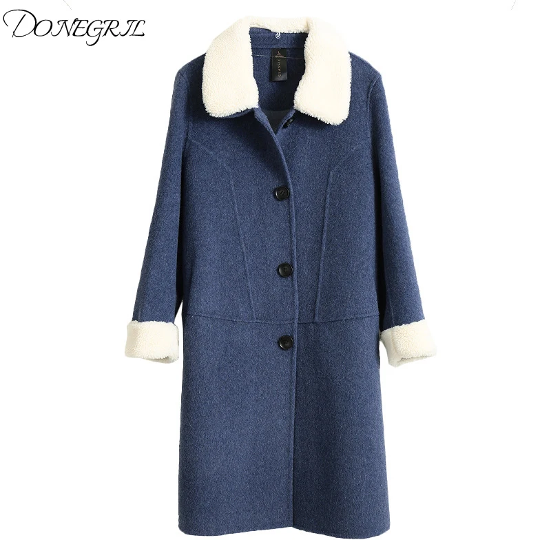 

2019 Winter Wool Blends Women Retro Simple Lapel Collar Detachable Check Long Coat Coat Female Loose Long-Sleeve