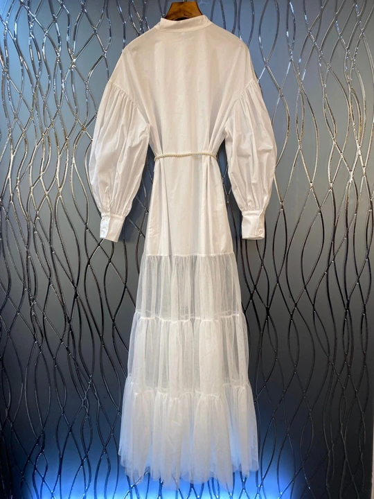 Floor Length Dress Spring Style Women Sexy Tulle Mesh Patchwork String Belt Long Sleeve Casual Long Sexy Maxi Dress White