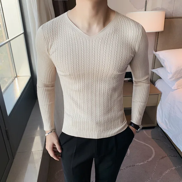남성용 슬림 핏 V넥 니트 스웨터 세트와 헤드 레저 니트 티셔츠