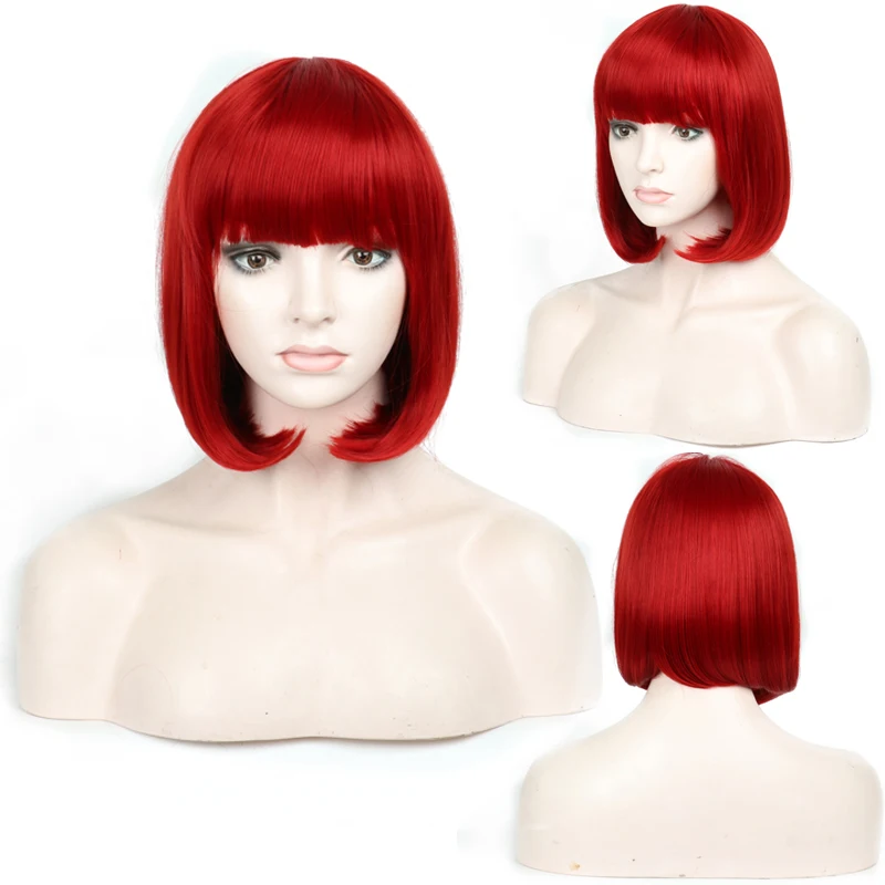 Dark red Pervado волосы короткие прямые боб парики для женщин синтетические парики с бахромой челка Белый Серый Синий Косплей парики 20 цветов - Цвет: Dark red