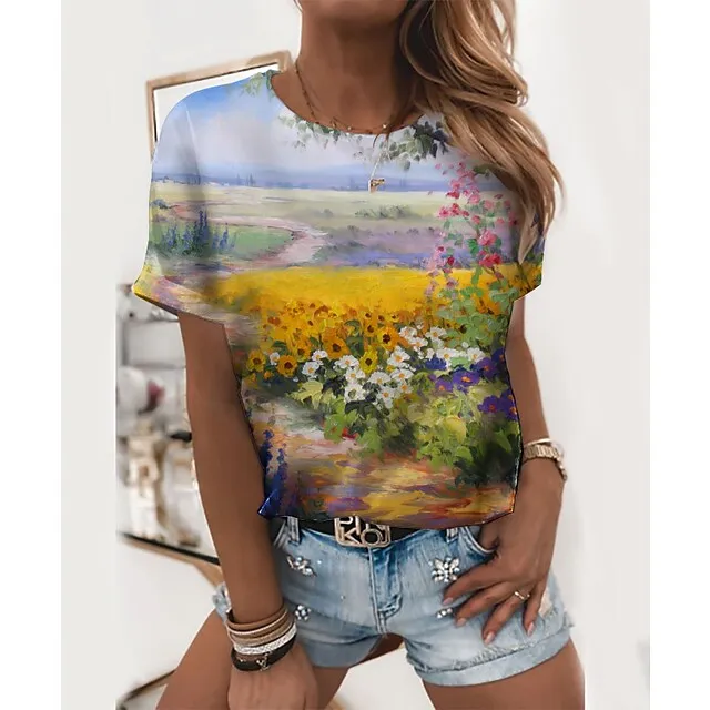 2021 New Women's Rose Flower Pattern Printing Top Fashion Summer Short-sleeved Fashion Casual Plus Size 3D Rose Printing T-shirt Z ROSE-14