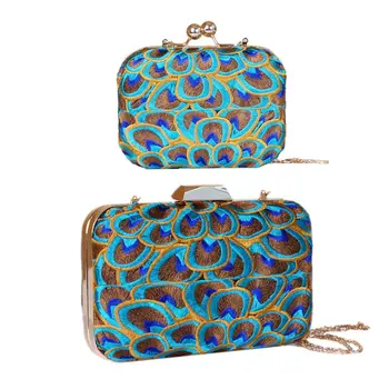 

Women Crossbody Shoulder Bag Ethnic Embroidery Peacock Feather Handbag Metal Chain Strap Evening Clutch Purse Messenger Bag 2020