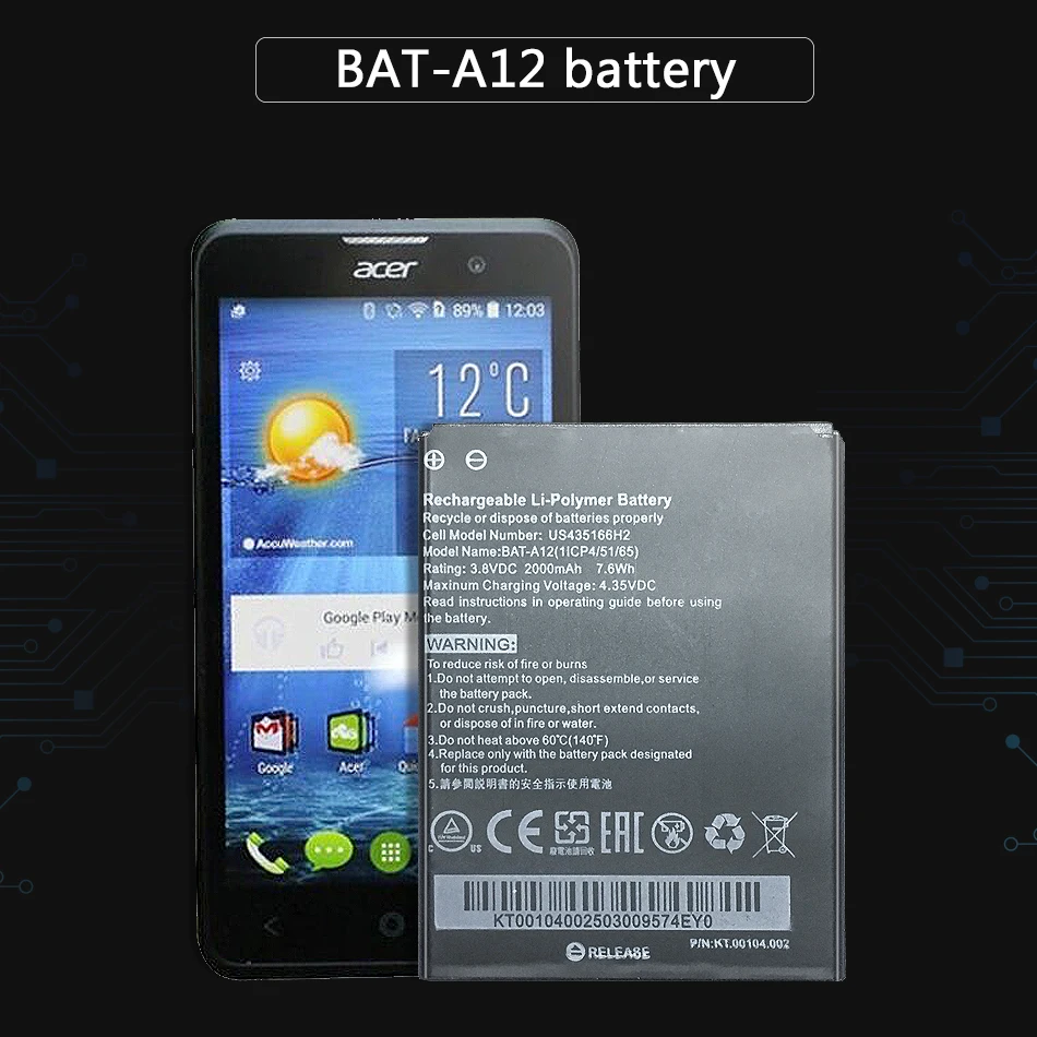 Фотоаккумулятор для Acer Liquid Z520 Dual SIM (P/N BAT-A12(1ICP4/51/65) KT.001 2000mA | Мобильные телефоны и