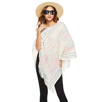

Womens Batwing Rainbow Colorful Stripes Knitted Pullover Poncho Cape 449F