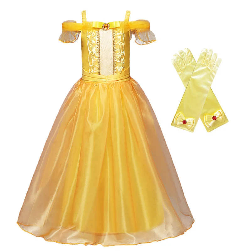 dress and gloves Модная детская одежда; коллекция года; платье принцессы «Белль»; элегантное рождественское платье для девочек; Рождественский костюм красавицы и чудовища на День Благодарения - Цвет: dress and gloves