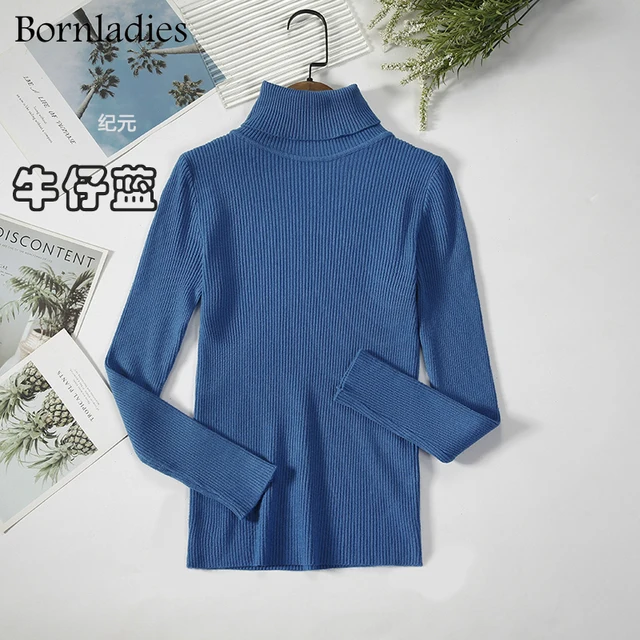 Bornladies 2021 Basic Turtleneck Women Sweaters Autumn Winter Tops Slim Women Pullover Knitted Sweater Jumper Soft Warm Pull Blue