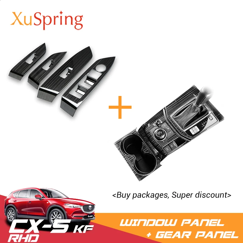 For Mazda CX-5 CX5 2017-2020 KF RHD Car Gear Shift Box Panel + Window Switch Panel Cover Trim Stickers Garnish Car-styling