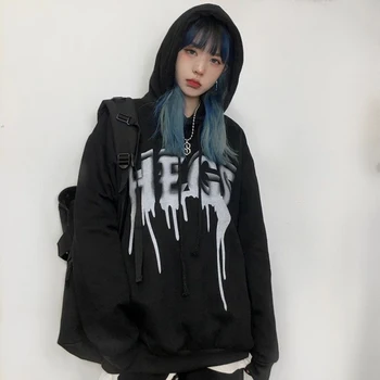 

Hoodies Women Letter Printed Loose Hooded Trendy Pockets Plus Velvet Sweatshirts Womens Korean Style Harajuku All-match Chic