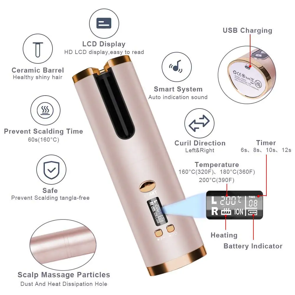Автоматическая USB Плойка для волос портативная беспроводная перезаряжаемая