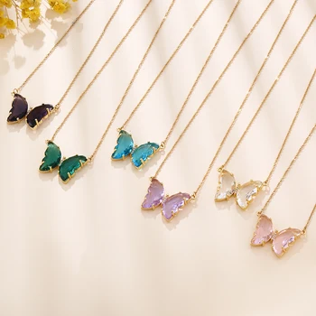 Fashion Stainless Steel Six Colors Crystal Butterfly Pendant Necklace For Women Glamour Female Color Butterfly Necklace Jewelry