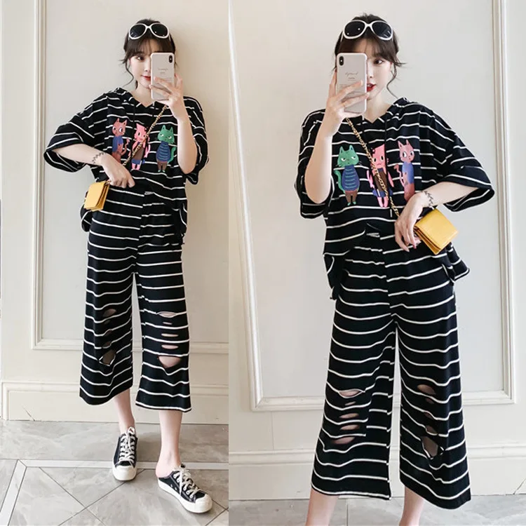 

2019 Summer New Style Fashion Slimming Large Size Dress Large GIRL'S Stripes Loose-Fit Two-Piece Set 200